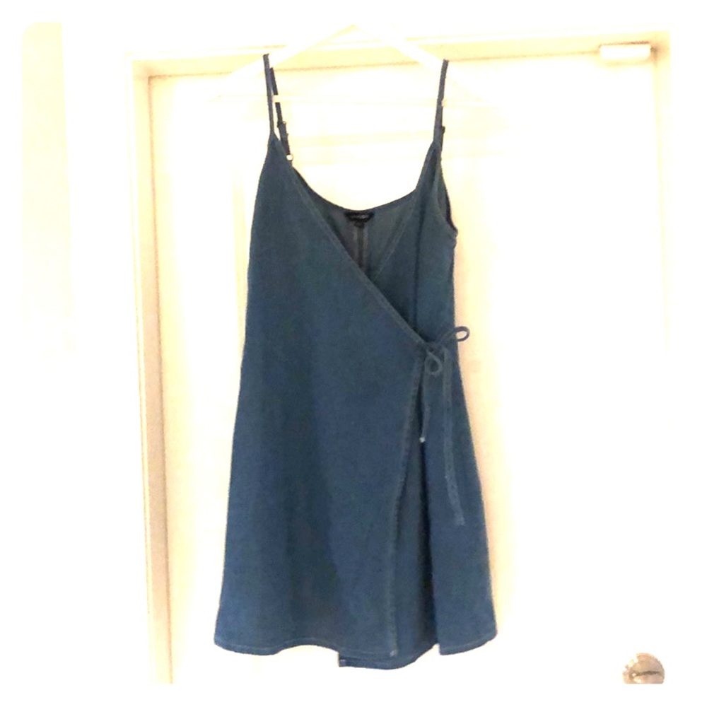 Denim spaghetti strap wrap dress